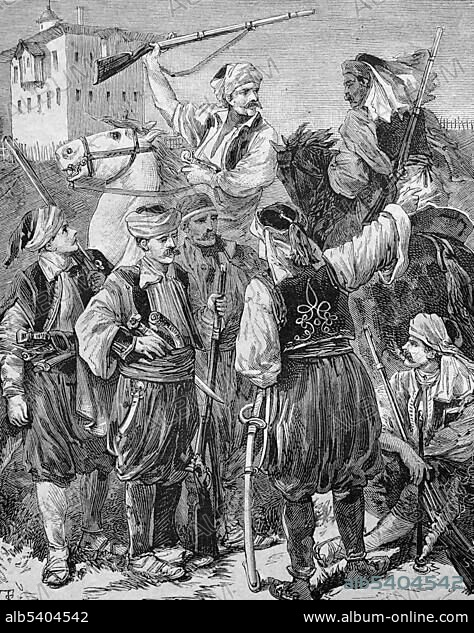 Turkish Baschibozuks, Basi Bozuk, Turkey, historical illustration, 1877, Asia.