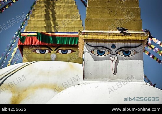 Buddha's Eyes, Boudhanath Stupa, Boudha, Tibetan Buddhism, Kathmandu, Nepal, Asia.
