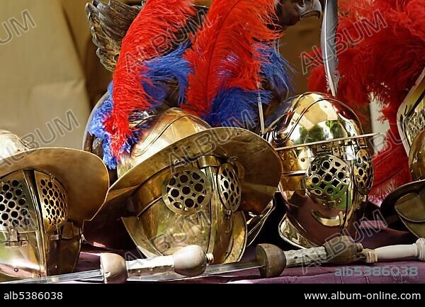 Roman helmets with visors, Gladiator Thraex, Roman Festival, Archaeological Park Xanten, Lower Rhine region, North Rhine-Westphalia, Germany, Europe.