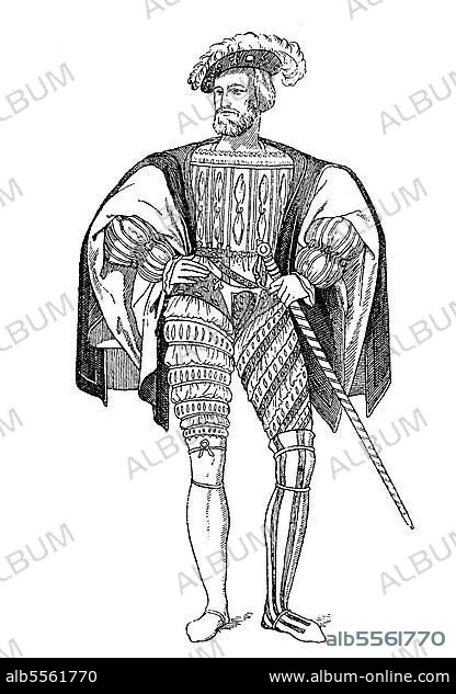 Französische Tracht um 1525, Geschichte der Mode, Trachtengeschichte, Historisch, digital restaurierte Reproduktion einer Originalvorlage aus dem 19. Jahrhundert.