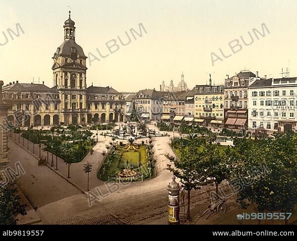 Paradeplatz in Karlsruhe; Baden-Württemberg; Germany; c. 1900; Historic; digitally restored reproduction of a photochrome print from the period; Europe.