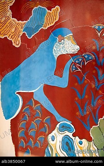 Blue Monkey fresco, reconstruction by Arthur Evans, Knossos, Minoan archaeological site, Crete, Greece, Europe.