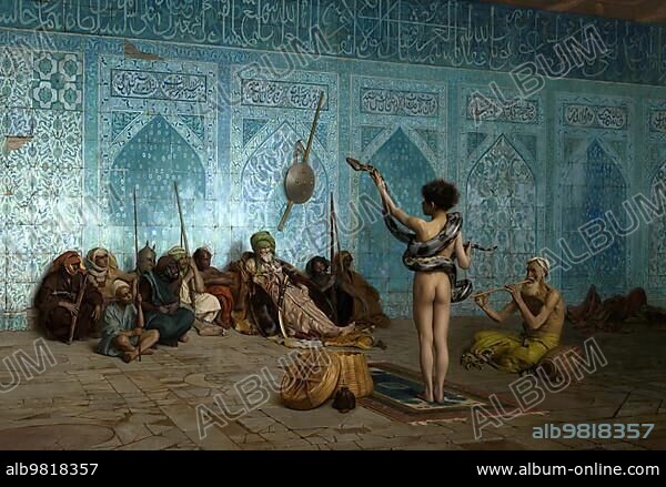Snake charmer; young naked woman with a snake in front of spectators; Arabia; 1879; after a painting by Jean-Leon Gerome; Historical; digitally restored reproduction from a 19th century original.
