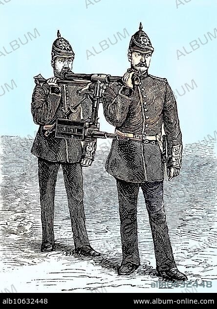 Gardner gun was an early type of mechanical machine gun, used by the english forces in Sudan, digital improved reproduction from a publication of the year 1880, Gardner gun was an early type of mechanical machine gun, used by the english forces in Sudan, Die tragbare Gardner Kugelspritze, angewandt von englischen Truppen bei den Gefechten im Sudan, digital improved reproduction from a publication of the year 1880.