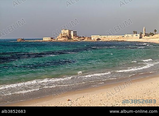 Harbour and crusader fortress, archeological excavation, ancient city of Caesarea Maritima or Caesarea Palestinae, Sharon plain, National Park, Mediterranean Sea, Israel, Asia.