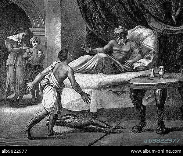 Esau at his father's deathbed; First Book of Genesis; Chapter 27; Verses 1-55; Old Testament; Bible; Bed; Isaac; Death; Son of Esau; Table; Room; Jacob; Firstborn; Blessing; Mourning; Historical illustration 1890.