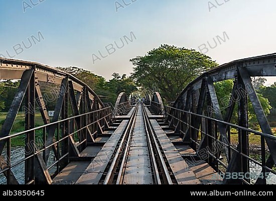 Historical River Kwai Bridge, route from Thailand to Burma, Death Railway, Kanchanaburi Province, Central Thailand, Thailand, Asia.