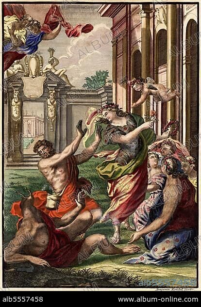 Hesperiden Nymphen im Kampf, Nürnbergische Hesperides, Nürnberger Hesperidengärten von Johann Christoph Volkamer, Nürnberg, Bayern, Deutschland, 1710, digital restaurierte Reproduktion einer Originalvorlage aus dem 18. Jahrhundert, genaues Originaldatum nicht bekannt.