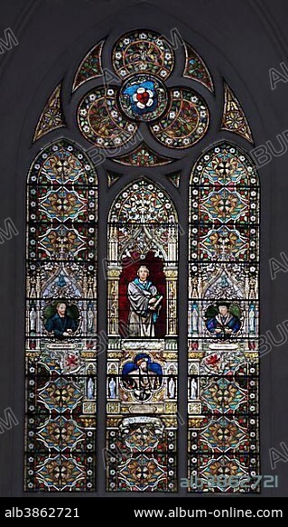 Stained glass window from 1887, Reformation, with portraits of Martin Luther, Melanchthon, Bugenhagen and Duke Philip I., Greifswald Dom St. Nikolai, Greifswald, Mecklenburg-Western Pomerania, Germany, Europe.