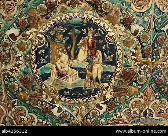 Rider on horseback, naked woman, floral decor, mural, glazed tiles, Golestan Palace or Golestan Palace, Tehran, Iran, Asia.