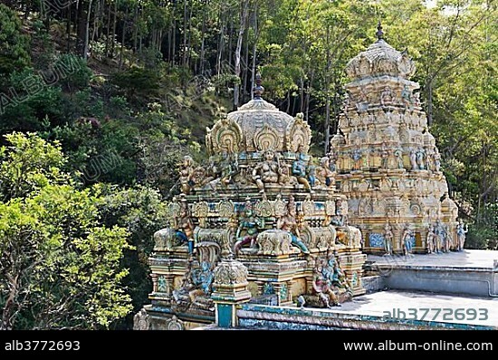 Ornate Gopuram or temple towers with decorations, Sita Eliya Temple, near Nuwara Eliya, Central Province, Sri Lanka, Asia.