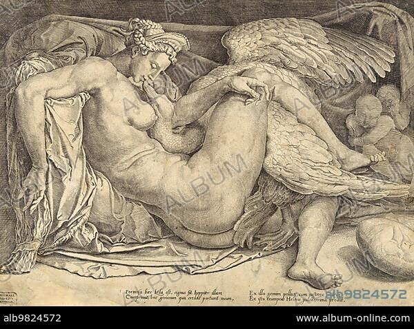 Leda and the Swan; Michelangelo Buonarroti; Historical; digitally restored reproduction from a 19th century original.
