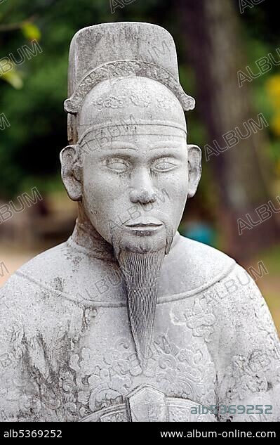 Stone sculpture of a Mandarin man, mausoleum of the Emperor Minh Mang, Hue, North Vietnam, Vietnam, Southeast Asia, Asia.