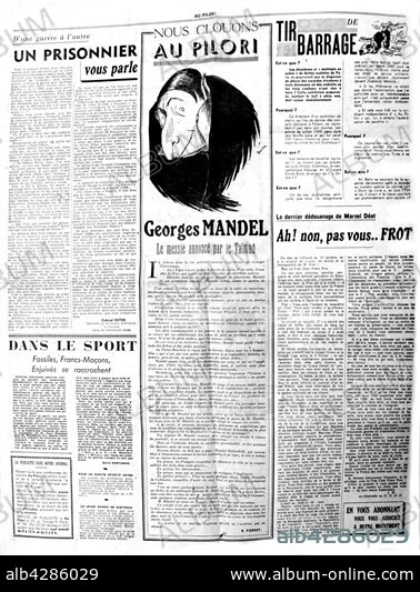Page from the French anti-Masonic and anti-Semite newspaper 'Au Pilori'. Caricature by George Mandel. 1940. France - World War II. Private collection.