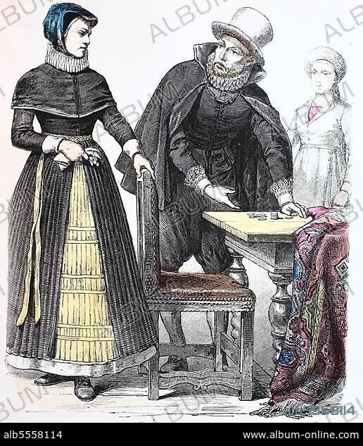 Folk traditional costume, Clothing, History of costumes, Bourgeois woman from Denmark, Merchant, Frau von Stappelhall, Germany, 1600-1630, Historic, digitally restored reproduction of a 19th century original, Europe.