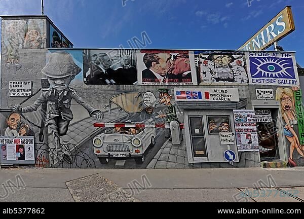 Part of the "East Side Gallery", piece of the Berlin Wall painted after the Fall of the Berlin Wall, Berlin, Germany, Europe.