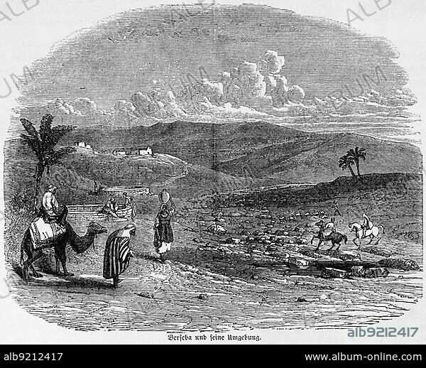 Berseba and its surroundings, Beer Sheva, Beersheba, city view, Israel, landscape, mountains, camel, horseman, people, horses, Bible, Old Testament, Second Book of Chronicles, chapter, verse, historical illustration c. 1850, Near East, Asia.