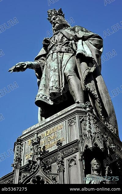 Bronze statue, monument of Emperor Charles IV on the Old Town bridge tower, Charles Bridge, Prague, Bohemia, Czech Republic, Europe.