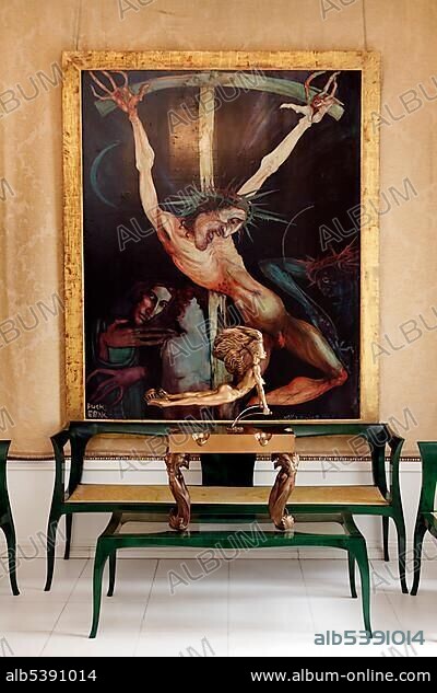 Lounge with a painting of the crucifixion, Ernst Fuchs Museum, former mansion of architect Otto Wagner, Vienna, Austria, Europe.