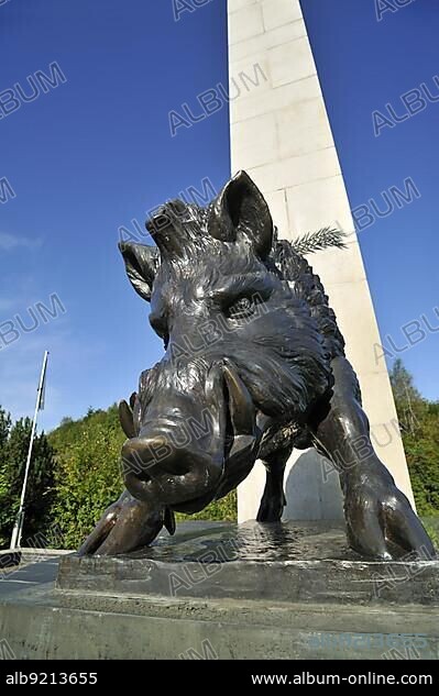 Wild boar of the Second World War Two Chasseurs ardennais regimental Memorial at Martelange, Belgian Ardennes, Luxembourg, Belgium, Europe.