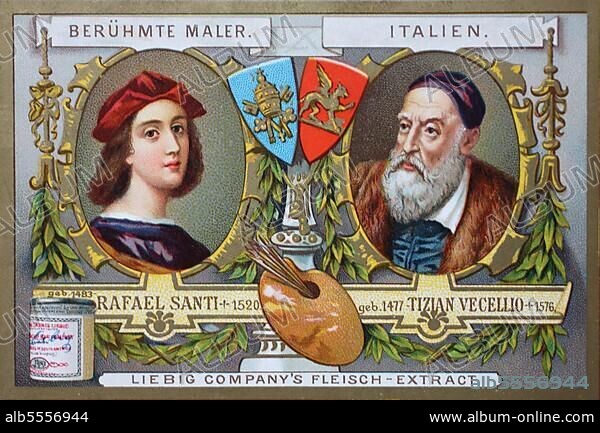 Bilderserie berühmte Maler, Rafael Santi und Tiziano Vecellio, Italien, digital restaurierte Reproduktion einer Originalvorlage aus dem 19. Jahrhundert.