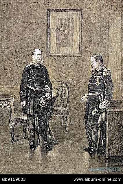 King William and Napoleon III after the surrender of Sedan at Bellevue Palace on 2 September 1870, Berlin, Germany, Historic, digital reproduction of an original 19th century painting, Europe.