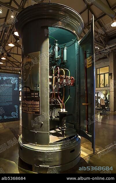 Column of the public utilities with power supply around 1900, Museum Industrial Culture, Nuremberg, Middle Franconia, Bavaria, Germany, Europe.