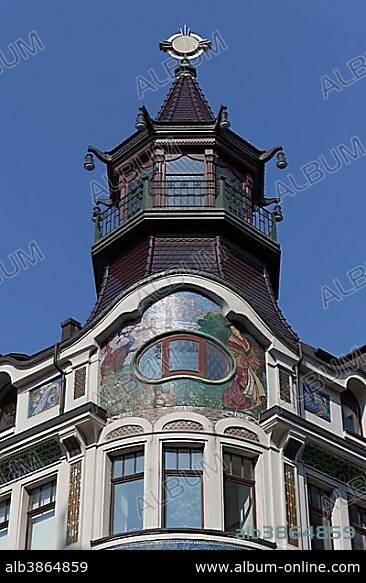 Art Nouveau house with Chinese tower, historical coffee house Riquet, Leipzig, Saxony, Germany, Europe.