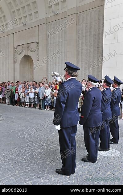 Last Post Ceremony under the Menin Gate Memorial to the Missing, a war memorial dedicated to the commemoration of British and Commonwealth soldiers who were killed in the Ypres Salient of World War I, Ypres, Belgium, Europe.