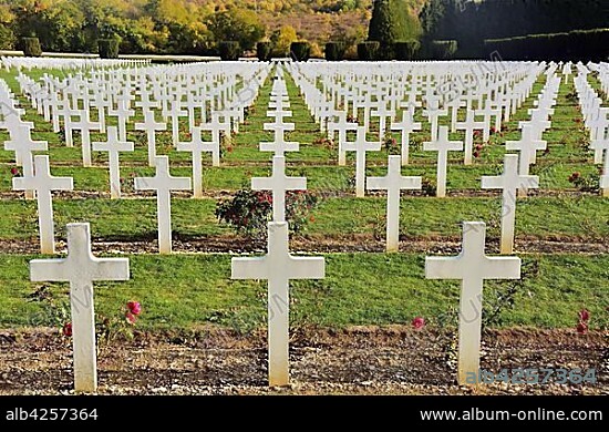 Verdun, French military cemetery at the Ossuaire de Douaumont, Verdun, Département Meuse, France, Europe.