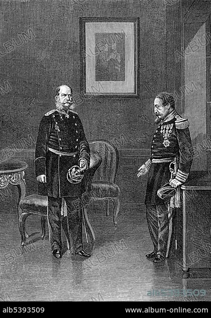 Historical drawing, the French Emperor Charles Louis-NapolÃ©on Bonaparte or Napoleon III, 1808-1873, and King William I of Prussia, or after the Battle of Sedan, German Emperor William I, 2 September 1870, ChÃ¢teau de Bellevue, Frenois, Franco-Prussian War or Franco-German War, 1870-1871.