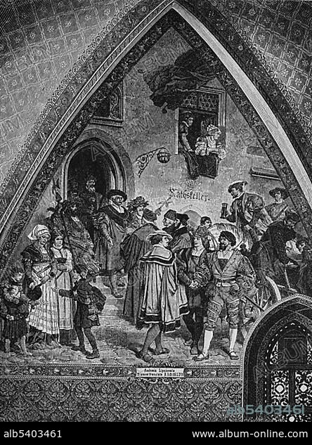 The relocation of the University of Leipzig to Meissen, Saxony, Germany, wood engraving, 1880, Europe.