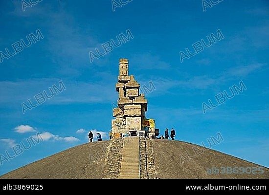 HERMANN PRIGANN. Himmelstreppe or Stairway to heaven, sculpture made of concrete blocks, artist Herman Prigann on the Halde Rheinelbe heap, Gelsenkirchen, North Rhine-Westphalia, Germany, Europe.