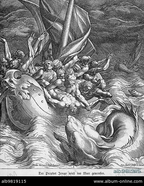 The prophet Jonah is thrown into the sea; Jonah; chapter 1; verses 1-16; Old Testament; Bible; boat; storm; tempest; rain; dark clouds; sky; high waves; despair; fear; sails; men; God; sleep; fish; three days; spit out; swallow; historical illustration 1890.