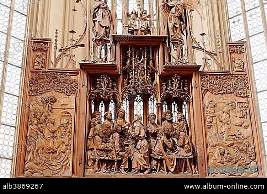 Holy Blood Altar by Tilman Riemenschneider, St. Jacob's Church, Rothenburg ob der Tauber, Middle Franconia, Franconia, Bavaria, Germany, Europe.