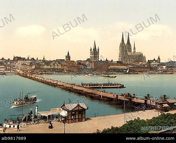 The pontoon bridge over the Rhine at Deutz; Cologne; North Rhine-Westphalia; Germany; c. 1900; Historic; digitally restored reproduction of a photochromic print from the period; Europe.