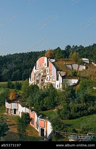 Grass roof of Steinhaus, Stone House of the Rogner Bad Blumau hotel complex, designed by architect Friedensreich Hundertwasser, in spa town Bad Blumau, Styria, Austria, Europe.