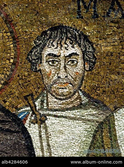 Basilica of San Vitale in Ravenna (Italy). Mosaic of the left part of the apse: the cortege of Emperor Justinian. Detail of Julien l'Argentier's face. 6th century.. Its construction was begun by Bishop Ecclesius in 527, and completed in 548 by the twenty-seventh Bishop of Ravenna, Maximianus.