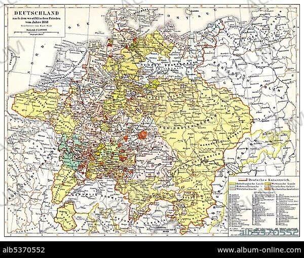 Historical map of Germany and Europe after the Peace of Westphalia, 1648, 17th Century, from Meyers Konversations-Lexikon encyclopaedia, 1890.