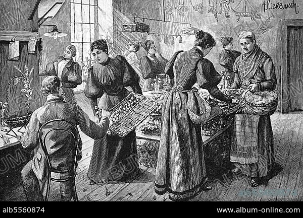 Blumenhandel, Floristik, Frauen in der Blumenbinderei, Schnittblumen, 1888, Holland, Historisch, digitale Reproduktion einer Originalvorlage aus dem 19. Jahrhundert.