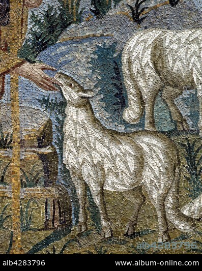 Mosaic of the Mausoleum of Galla Placidia in Ravenna, Italy.. Lunette of the Christ as the Good Shepherd. Detail of the Christ hand and a sheep.. 5th century. The Mausoleum of Galla Placidia was built around 430 (early Christian times).. The construction of the Roman catholic funeral monument and Byzantine style was decided by Empress Galla Placidia.