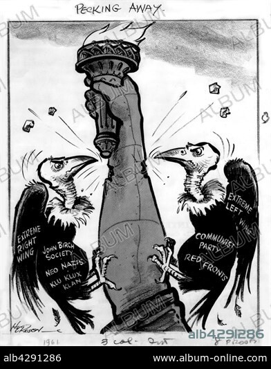 Satirical cartoon, the Statue of Liberty attacked by the far right and the far left. United States. 1961. Washington, Library of Congress.