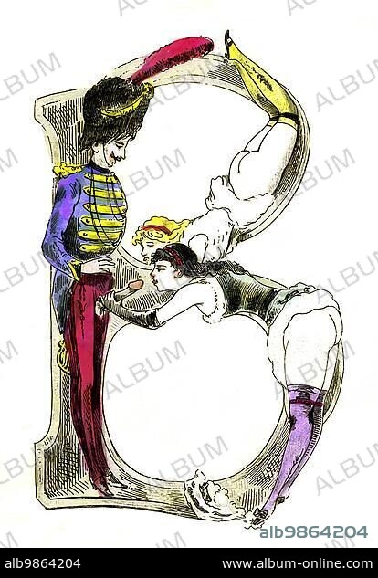 Letter B, The Erotic Alphabet, Sex, Oral Sex, Man with Two Women, Frivolous Victorian Erotic Illustrations, circa 1850, England, Historical, Digitally enhanced reproduction of a 19th century original.