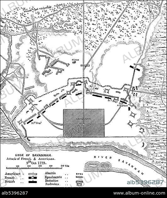 Historical drawing, US-American history, 18th century, map of the battle of Savannah, Georgia, 1778, Asia.