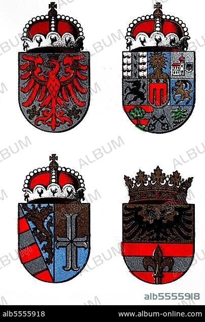 Wappen der österreichisch-ungarischen Kronländer: Tirol, Vorarlberg, Fürstliche Grafschaft Gorizia und Gradisca, Triest, 1890, digital restaurierte Reproduktion einer Originalvorlage aus dem 19. Jahrhundert.