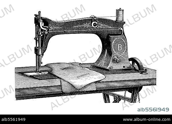 Nähmaschine 1890: Schneidermaschine mit rotierendem Schiffchen von Bär & Rempels in Bielefeld, digital restaurierte Reproduktion einer Originalvorlage aus dem 19. Jahrhundert.