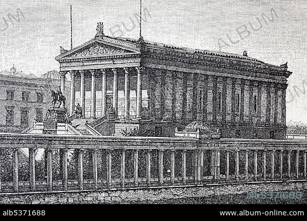 Alte Nationalgalerie, Old National Gallery, Museum Island, Berlin, Germany, historical book illustration from the 19th Century, steel engraving, Brockhaus Konversationslexikon, an encyclopaedia from 1908, Europe.