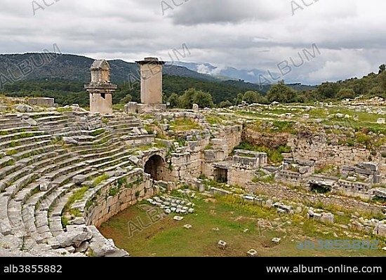 Ancient city of Xanthos, Roman theatre with pillar tomb and harpy tomb, Xanthos, Mediterranean Region, Turkey, Asia.