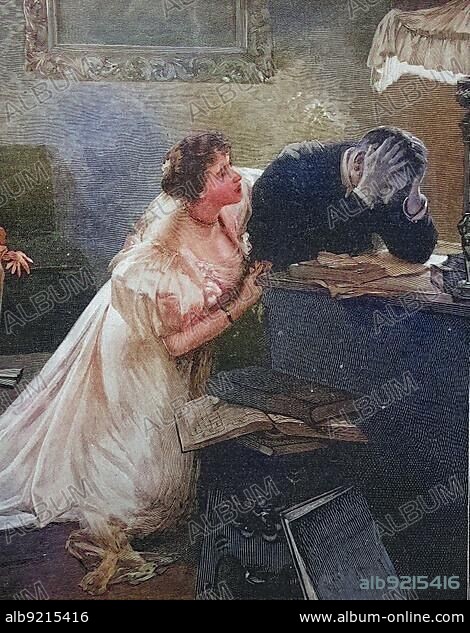 Woman comforting her man after his bankruptcy, 1880, England, Historic, digitally restored reproduction of an original 19th century painting, exact original date unknown.