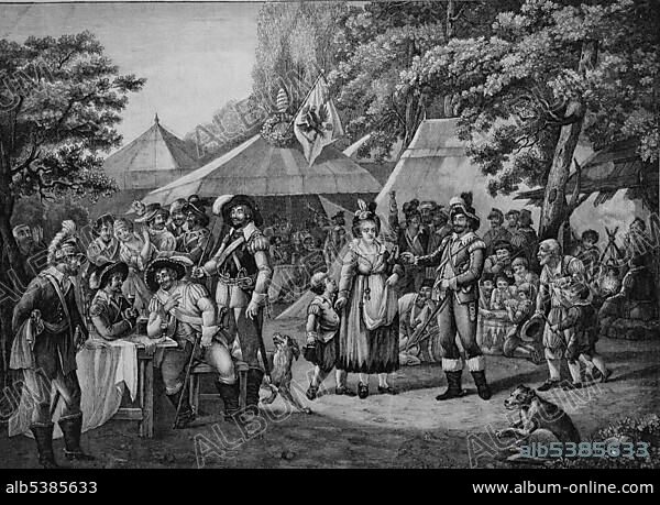 Wallenstein's camp, the first part of Friedrich Schiller's Wallenstein trilogy, a drama about the demise of a famous general, wood engraving, about 1880.